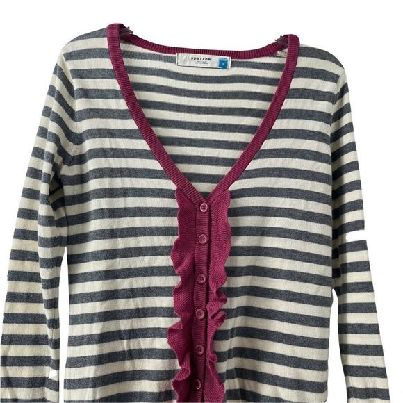 Anthropologie Sparrow Cardigan Sweater Gray Striped Pink Ruffle V-Neck Womens S - Picture 2 of 5